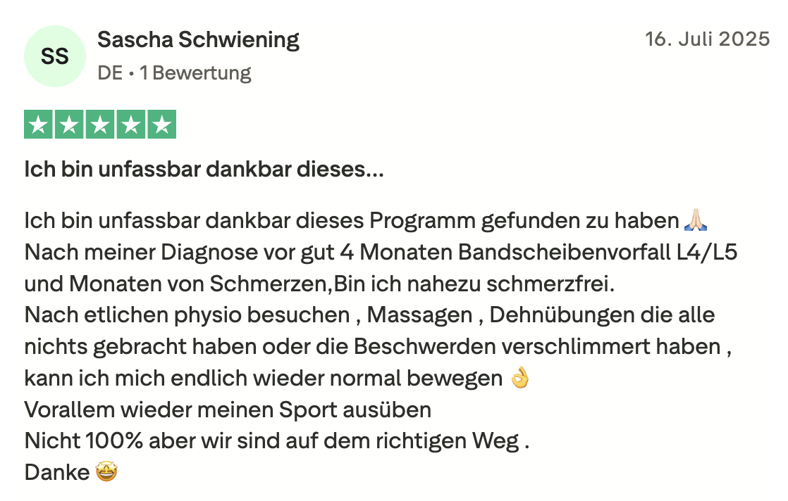 Testimonial von Sascha Schwiening - 5 Sterne Bewertung über Bandscheibenvorfall Heilung