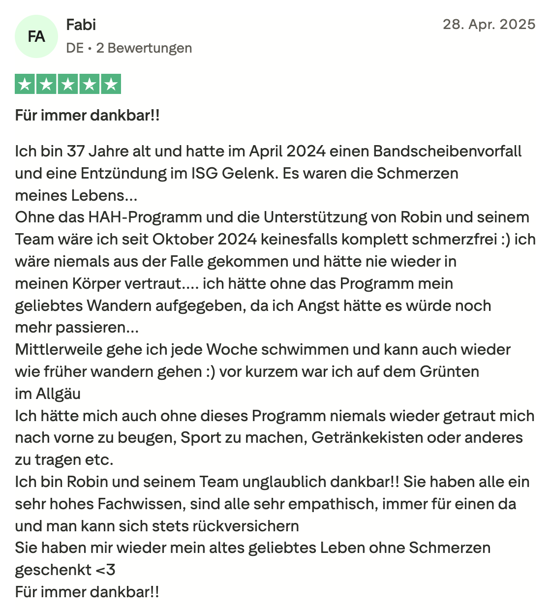Testimonial von Fabi - 5 Sterne Bewertung über HAH-Programm Erfolg