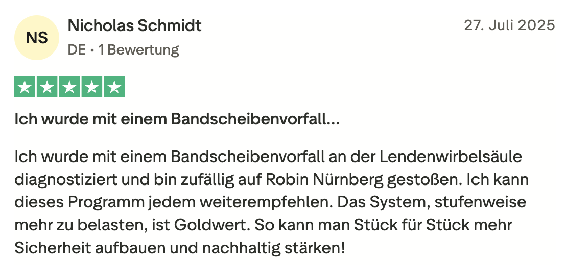 Testimonial von Nicholas Schmidt - 5 Sterne Bewertung über Bandscheibenvorfall Heilung