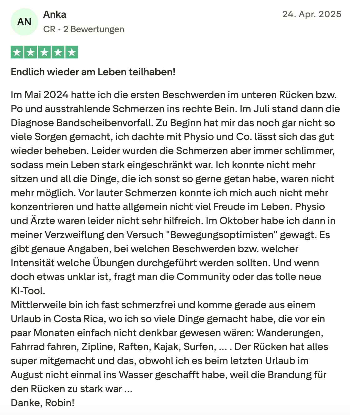 Testimonial von Anka - 5 Sterne Bewertung über Rückenschmerzen Heilung